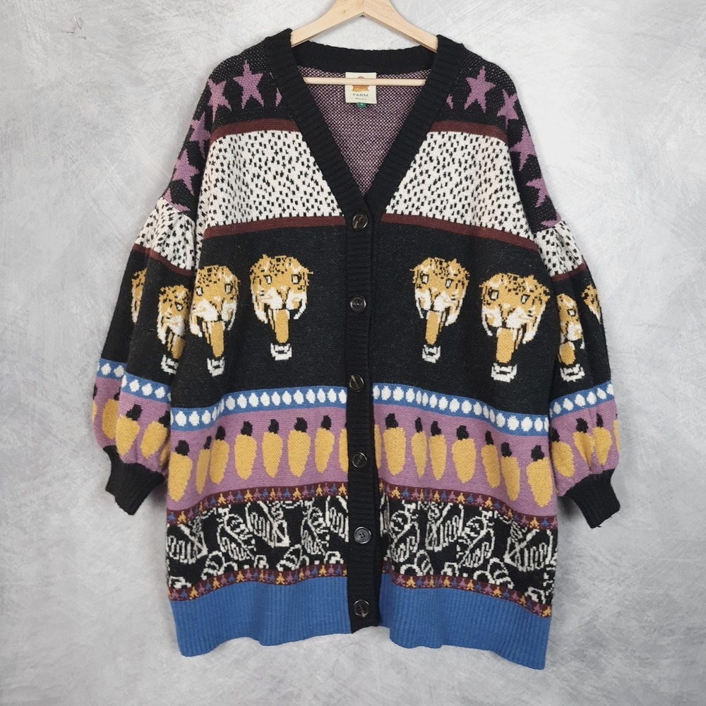 Farm Rio Cardigan Sweater Womens Small Multicolor Leopard Animal Print Oversized